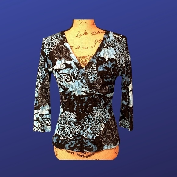 INC INTERNATIONAL CONCEPTS Lace Overlay Top, BLUE/BLACK FLORAL, Size M, NWOT - Picture 1 of 8